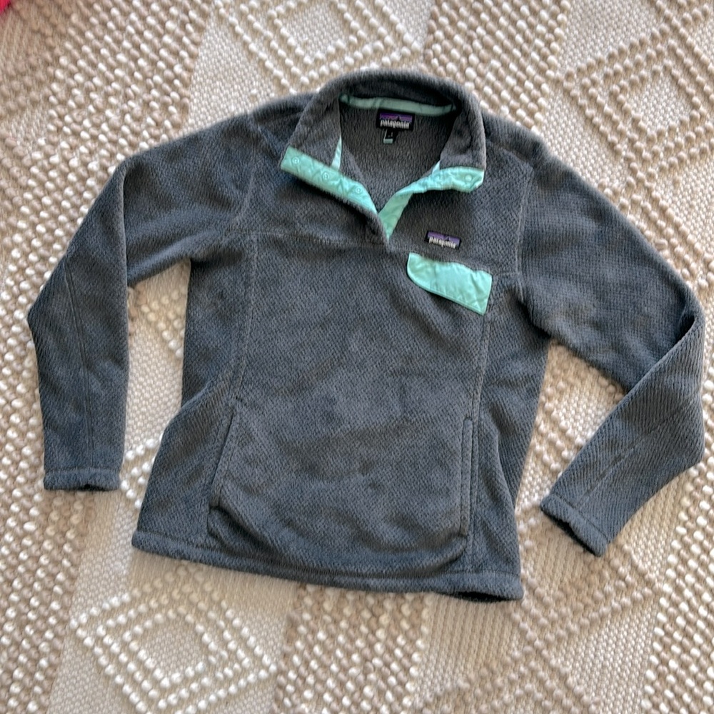 Women’s Patagonia Synchilla Snap Fleece Pullover Size L Grey Aquamarine LIKE NEW
